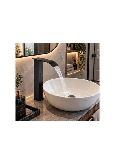 Rena Design Fotoselli Sensörlü Siyah Kare Çanak Lavabo Bataryasi Temassiz Otomatik Tasarruflu Modern Musluk