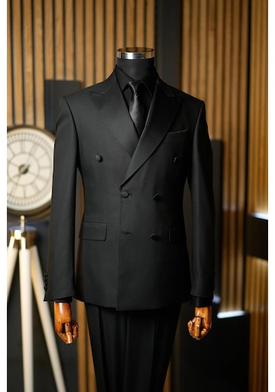 Modmen Damatlık Takım Elbise Slim Fit Kruvaze Slimfit 1 Beden Büyük Tercih Ediniz Siyah