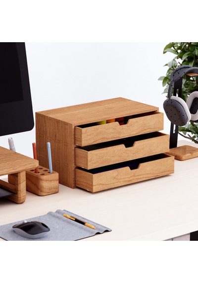 Desna Üç Katlı Üç Çekmeceli Dolap - Kiraz 34 Cm Uzunluk X 19 Cm Derinlik X 20 Cm Woodsaka Doğal Ahşap
