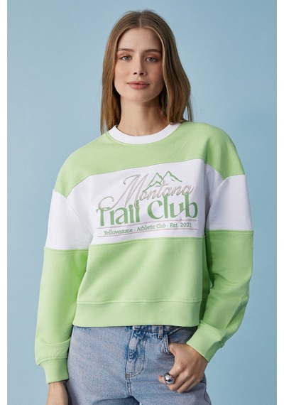 ETHIQUET Ethıquet Payne Kadın Bisiklet Yaka Oversize Beyaz / Fıstık Yeşili Sweatshirt Yeşil - Beyaz
