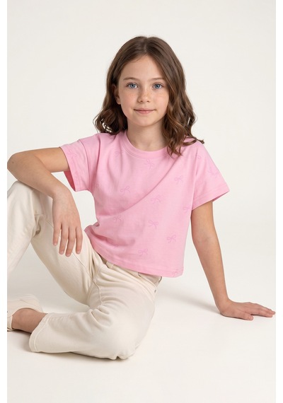 Fullamoda Fiyonk Baskılı Kız Çocuk Crop Tişört Pembe
