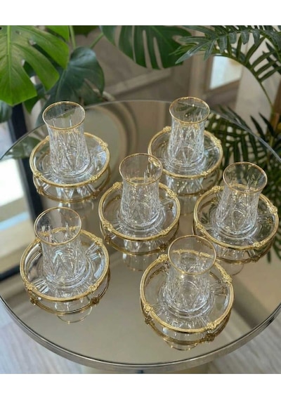 Çnr Home Collection 12 Parça 6 Kişilik Kristal Kesim Çay Bardaği Seti Gold