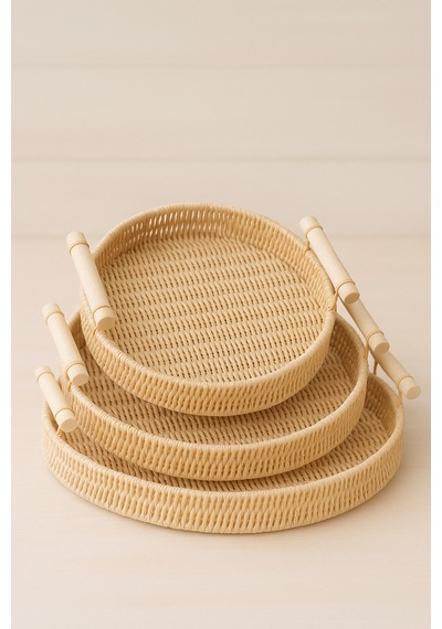 Natura - 3'lü Yuvarlak Rattan Hasır Servis Ve Sunum Tepsisi Seti Ahşap Saplı Dekoratif Tepsi Bej