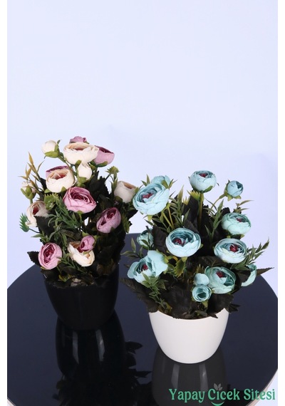 Yapay Çiçek Sitesi Plastik Saksıda Yapay Tomurcuklu Ranunkulus Tanzimi 2'li Set 30 Cm Pembe Krem - Turkuaz