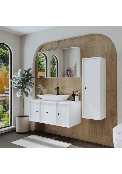 Çanak Lavabolu Mat Mdf 105 Cm Alt Dolabı + Aynalı Dolap Beyaz Mat Beyaz