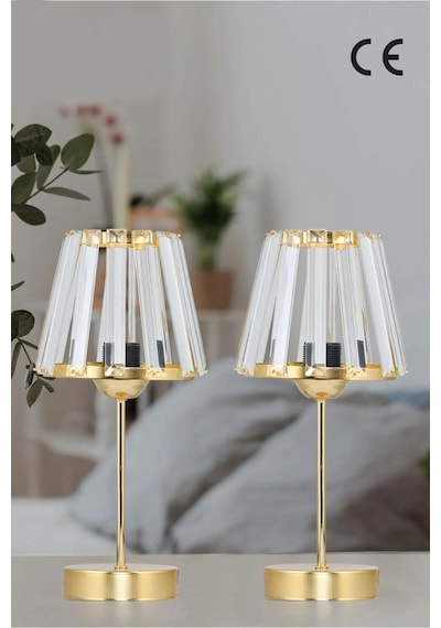 Kristal Cam Başlıklı Metal Ayaklı Gold Abajur Yatak Odası Gece Lambası Oturma Odası Aydınlatma Gold
