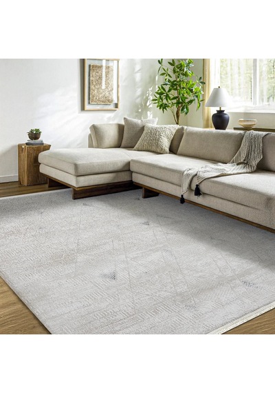 Bespoky Moda Krem Geometrik Modern Salon Halısı Makine Dokuma Gri