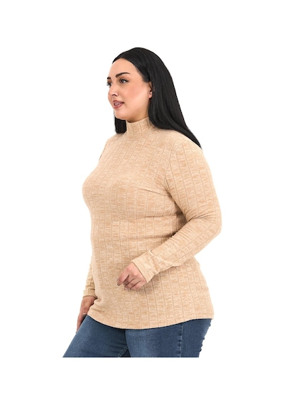 Disentis Büyük Beden Yarım Balıkçı Uzun Kollu Triko Çizgili Bej Rengi Body Bej