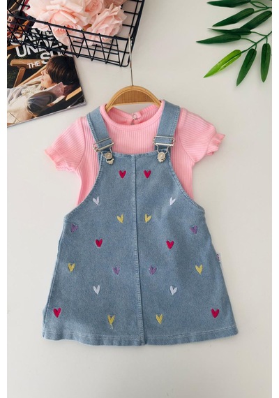 Miniğimin Cicileri Renkli Kalp İşleme Detaylı Kız Bebek Jile Takım Pembe