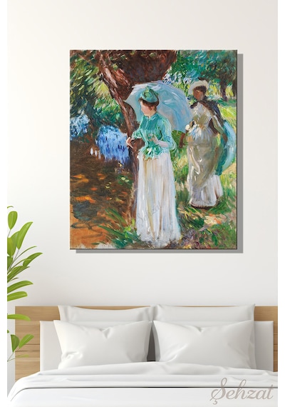 Tablo Kare Kanvas Tekli Salon Mutfak Yatak Odası Ofis John Singer Sargent - Şemsiyeli İki Kız