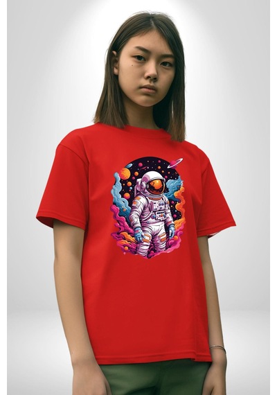 Ay Mars Astronot Pamuklu Bisiklet Yaka Unisex Oversize Boyfriend Dijital Baskılı Kırmızı T-shirt Kırmızı
