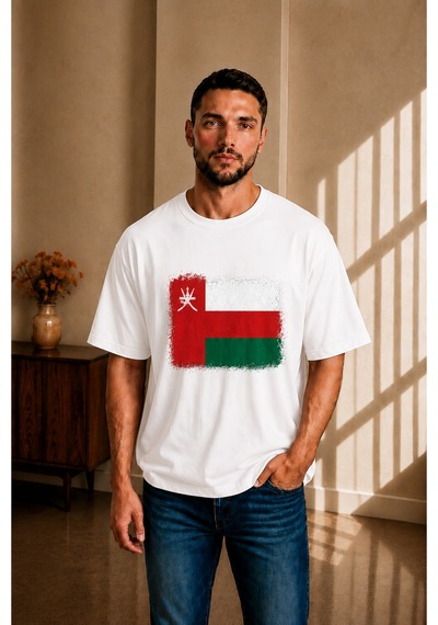 Sngl Tekstil Erkek Oversize Umman Bayrak Baskılı Kısa Kollu Tişört S M L Xl 2xl Beyaz