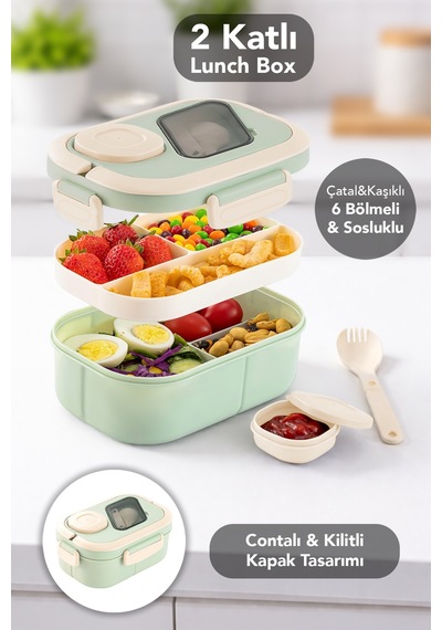 Bondie Kilitli Kapak Yemek Kabı - 2 Katlı Bölmeli Kaşık Ve Sosluklu Lunch Box Beslenme Kutusu Yeşil