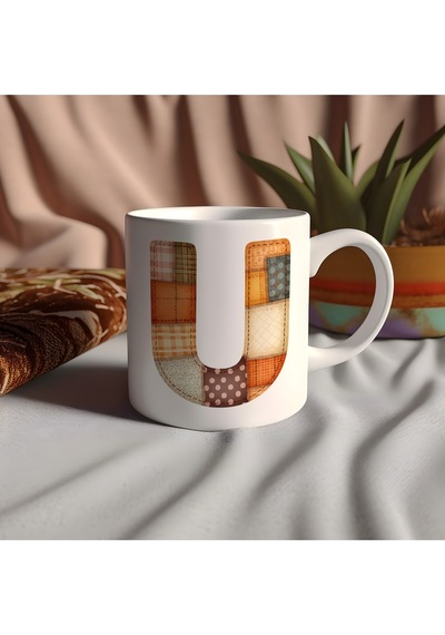 U Harfi Renkli Yamalı Tasarım Kupa Bardak - Bohem Patchwork Desenli Kupa - Etnik Hediyelik Beyaz