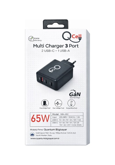 Qcell Super Fast Charger 3 Port 65 Watt Gan Siyah Adaptör Süper Hızlı Şarj