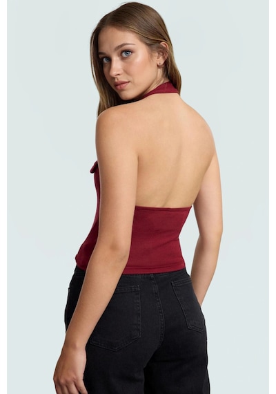 Ersefa Fitted Kalıp Viskoz Ribana Crop Bluz Boyundan Bağlamalı Yaka Günl bordo