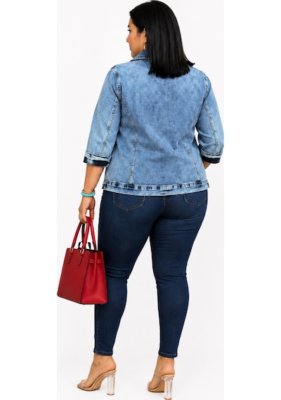 Trieste Büyük Beden Fermuarlı Lale Desenli Yıkamalı Denim Kapri Kol Kadın Ceket Mavi