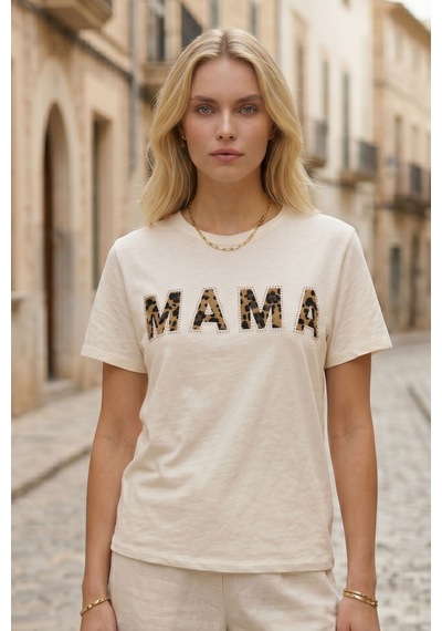 Kadın Ekru Mama Baskılı Leopar Desenli Basic Tişört Yumuşak Dokulu Rahat Pamuklu Yazlık T-shirt Bej