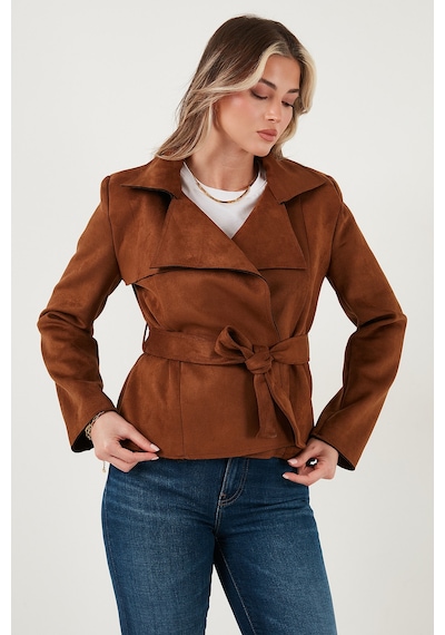 Lela Regular Fit Kruvaze Yaka Kuşaklı Süet Dokulu Bayan Ceket 6839640 Taba