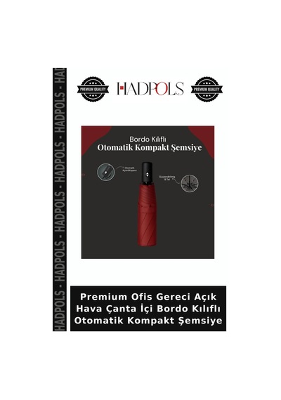 Hadpols Premium Ofis Gereci Açık Hava Çanta İçi Bordo Kılıflı Otomatik Kompakt Şemsiye