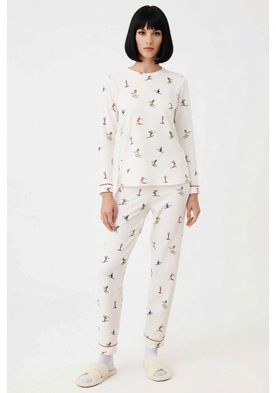 Benerly Kadın Bisiklet Yaka Uzun Kol Regular Kalıp Waffle Örme Pijama Tak Beyaz