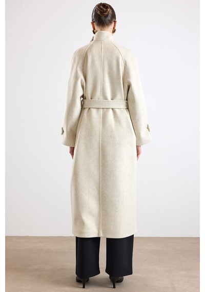 Olcay Dik Yaka Pat Detaylı Oversize Kaban Bej Melanj 3177