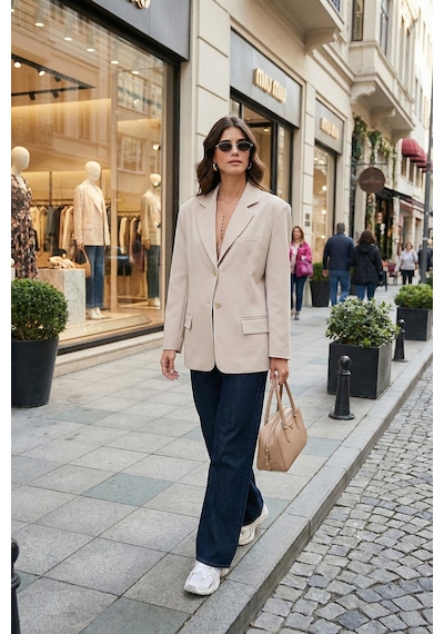 Lela Regular Fit  Yaka Düğmeli Blazer Bayan Ceket 6839562 Taş