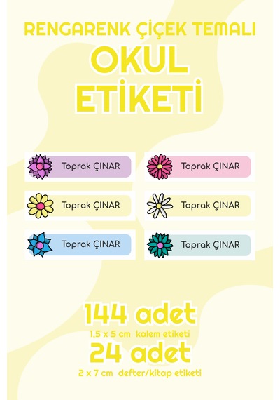 Rengarenk Çiçekli Isimli Okul Etiketi Defter Kalem Sticker Seti