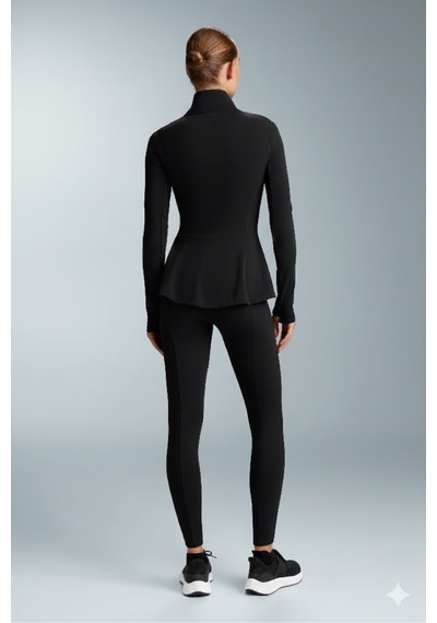 Gugus Kadın Light Warm Running Volanlı Fermuarlı Yüksek Yaka Spor Ceket Esnek Activewear Siyah