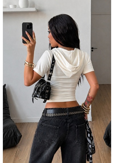 Tarz Cool Kapüşonlu Crop Tişört Fermuarlı Kısa Kollu Kadın Üst Body Beyaz