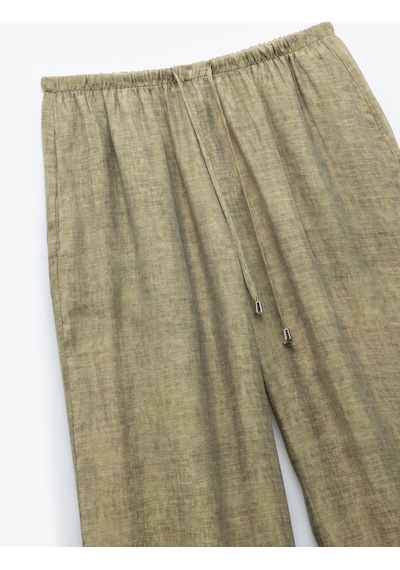 Koton Normal Bel Cepli Transparan Düz Geniş Paça Pantolon Haki Desenli 5sak40046ew Haki Desenli