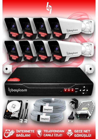 Bayicam 8 Kameralı Süper 8 Dış Kamera Set 250 GB 5 MP 2K Net Gece Görüşlü Güvenlik Kamerası Sistemi
