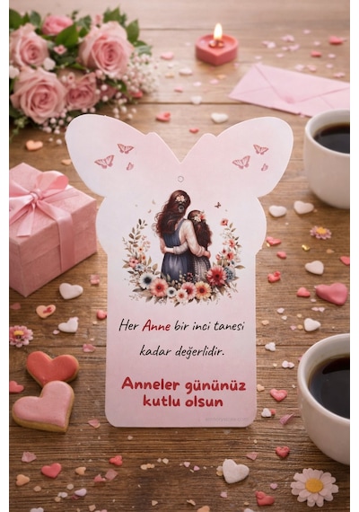 10 Adet Anne Kız Kelebek Şekilli Tebrik Kartı - Anneler Günü Hediyesi - Küpe & Anahtarlık Kartı