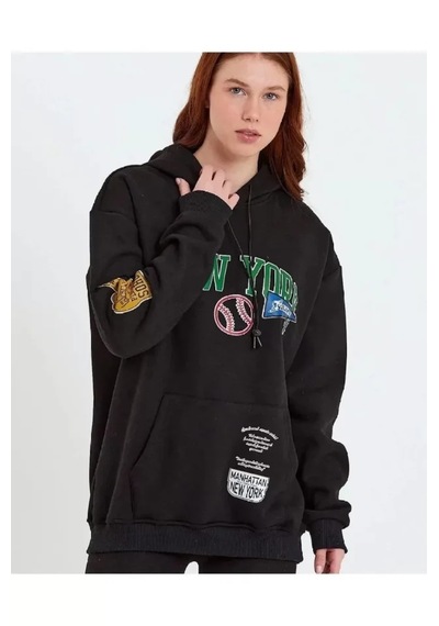 Suma Siyah Baskılı Kapüşonlu Sweatshirt