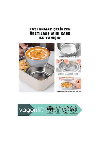Lexroo Vagonlife Bento 2000ml Lunchbox 2 Katlı 3 Bölmeli Mini Kaseli Çelik Sefer Tası Yemek Kutusu Çok Renkli