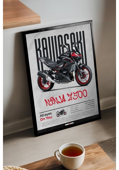 Kawasaki Ninja Z500 Siyah Ahşap Çerçeveli Poster, Dekoratif Motosiklet Duvar Tablosu