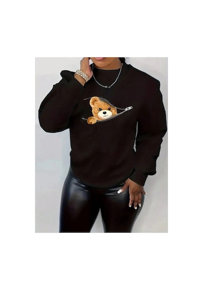 Magors Stıl-x Sevgililer Gününe Özel Saklanan Ayıcık Baskılı Bisiklet Yaka Oversıze Sweatshırt Siyah Magors Stıl-x Sevgililer Gününe Özel Saklanan Ayıcık Baskılı Bisiklet Yaka Oversıze Sweatshırt Siyah