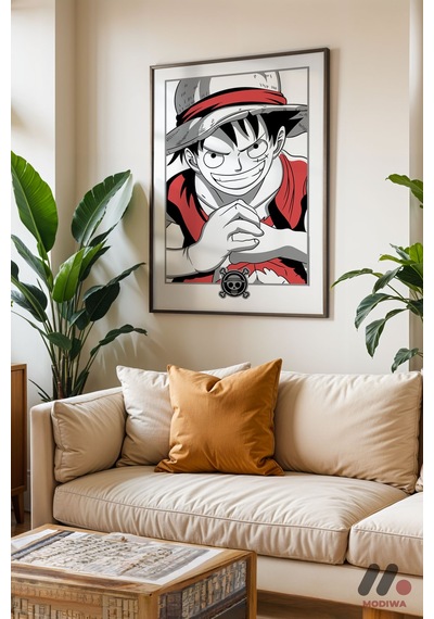 One Piece Luffy Çizgi Poster, Siyah Çerçeveli Duvar Tablosu - Anime Severlere Özel Hediye