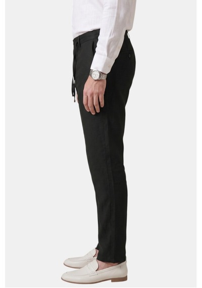 Deepsea Siyah Slim Fit Likralı Keten Dokulu Lastikli Belli İpli Yazlık Erkek Pantolon 2603001