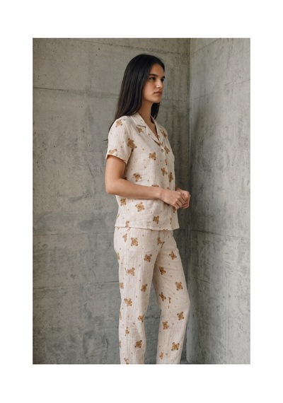 Fit Women V Yaka Düğmeli Casual Kırık Beyaz Pijama Takımı