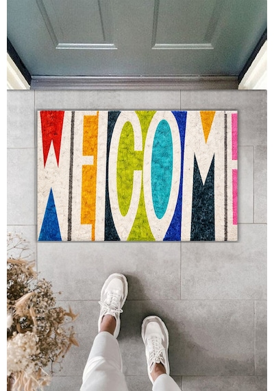 Rugmood Modern Dijital Baskı - Popüler Renkli Welcome - Kapı Önü Paspası Çok Renkli