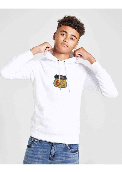 Tshirthane Route 66 Baskılı Unisex Çocuk Kapüşonlu Beyaz Sweatshirt Beyaz
