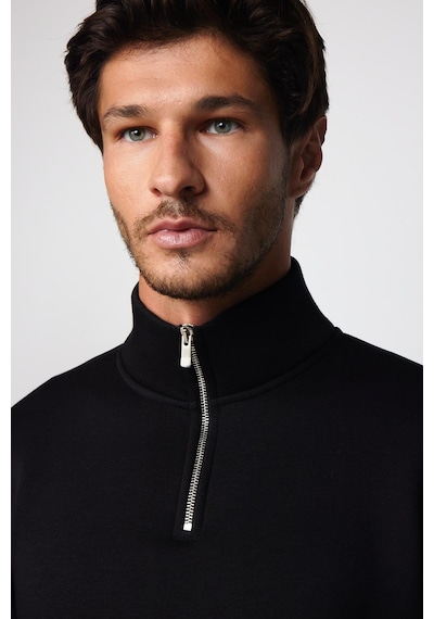 Tudors Unisex Relax Fit Rahat Kesim Pamuklu İçi Polarlı Yarım Fermuarlı Siyah Dik Yaka Sweatshirt-29035