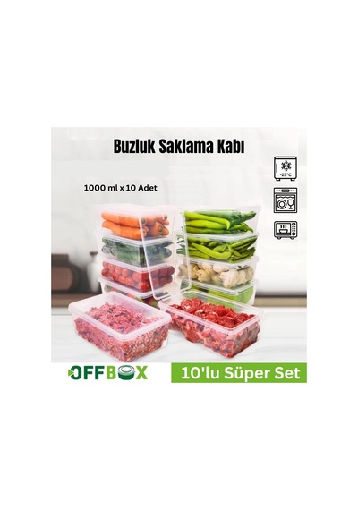 Offbox Buzluk Sebze Bakliyat Et Gıda Saklama Kabı - 1 Lt. - 10 Adet Şeffaf