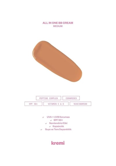 Kremi All In One Bb Cream Medium Spf 50+ Yüksek Kapatıcılık Nemlendirici Ton Eşitleyici Suya Dayanıklı 50 Ml 0