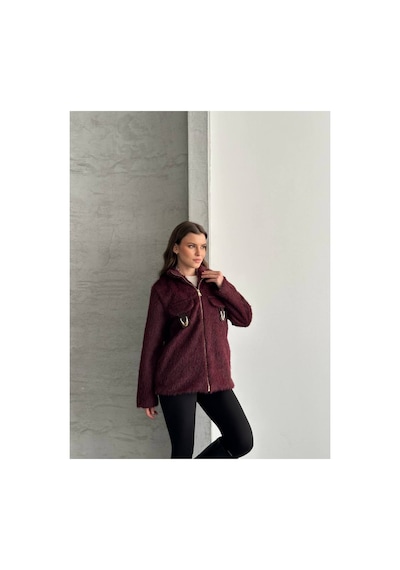 Asur Boutique Asur Butik Kadın Keçeli Kumaş Tokalı Fermuarlı Ceket Bordo