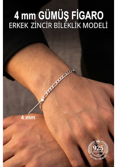 925 Ayar Gümüş Erkek Bileklik 4 Mm Figaro Zincir St423