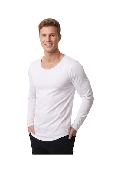 Deepsea Erkek Beyaz %95 Pamuk Slim Fit Kesik Açık Yaka Likralı Penye Sweatshirt Oval Kesim 2602299