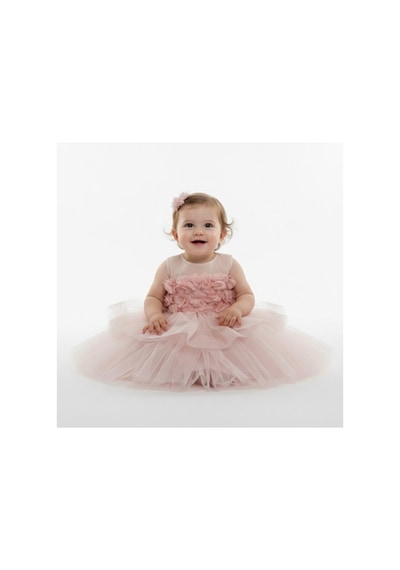 Babyhola 2-6 Yaş Kız Bebek Çocuk Çicek Detaylı Tül Abiye Elbise 3001 Pudra