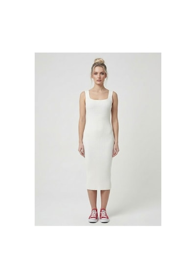 Neden Tekstil Premium Fit Kare Yaka Fitilli Triko Midi Elbise - Beyaz